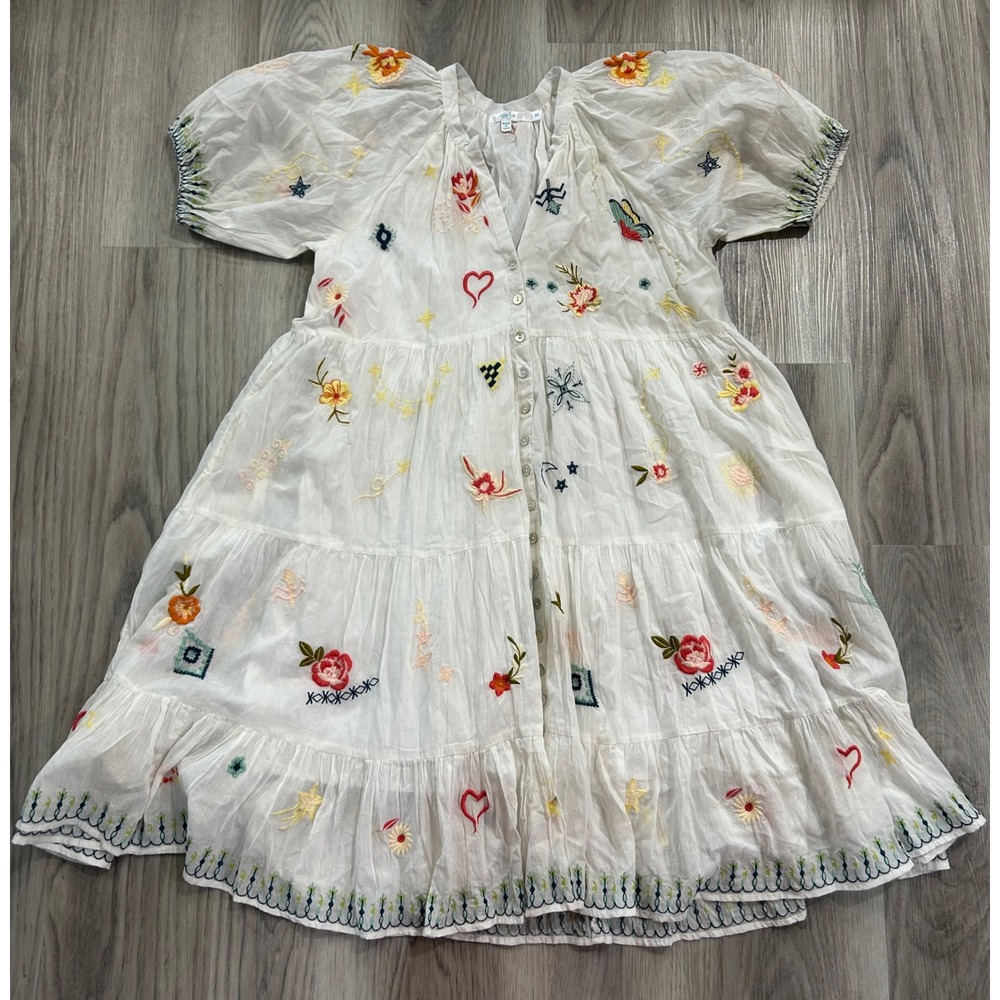 Kyla Seo Womens Embroidered Tiered Midi Cotton Dress M White Multi Color Floral